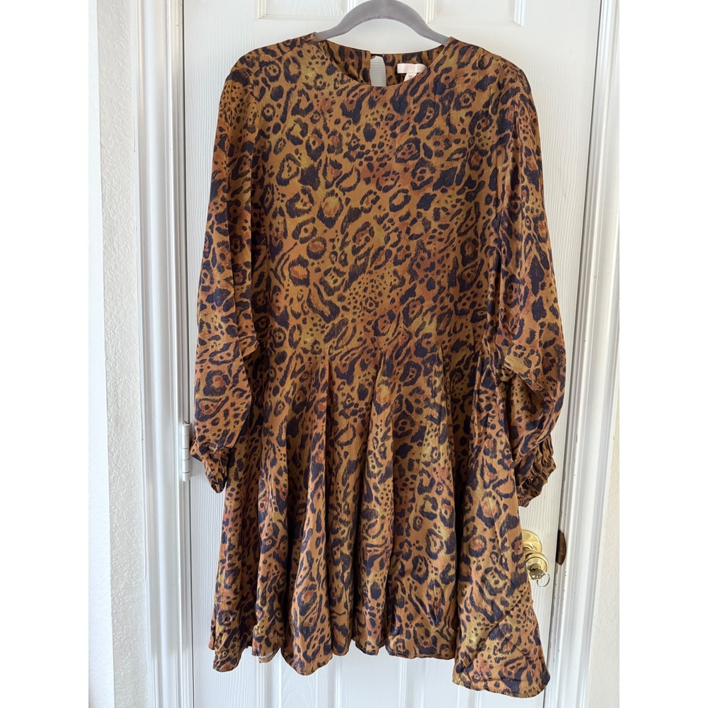 H&M Brown Leopard Print Flowy Mini Dress Long Sleeve Boho‎ Animal Print Size S - Picture 2 of 11